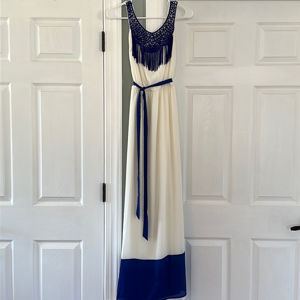 Blue & white fringe maxi size small
